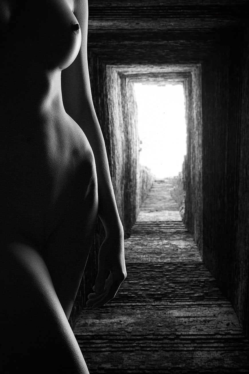Black and white artistic nude female torso in dark wooden corridor