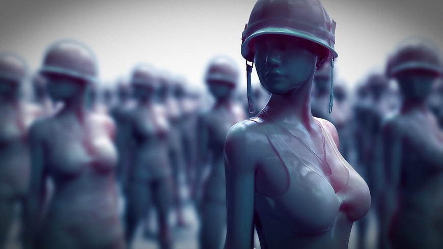 Futuristic female soldier in helmet with blurred army background
