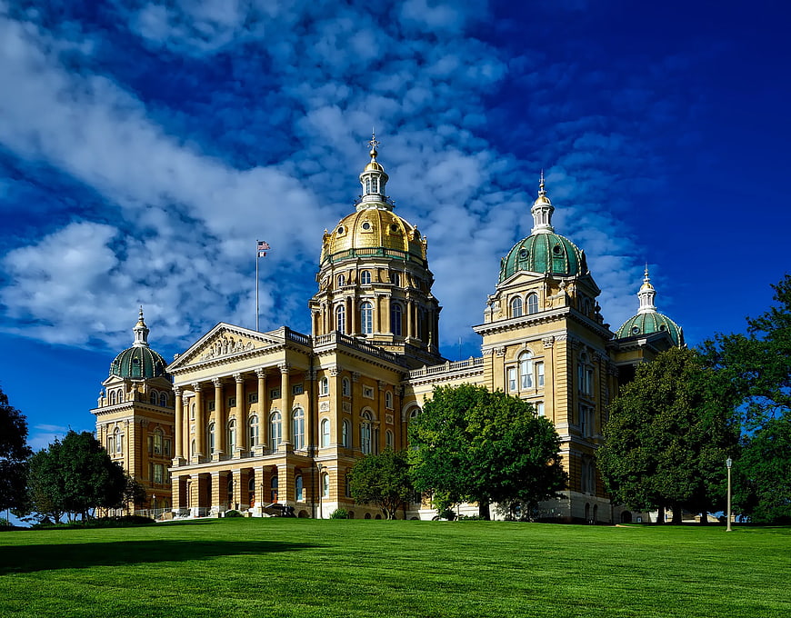 Iowa State Capitol Building with Golden Dome and Green Lawn