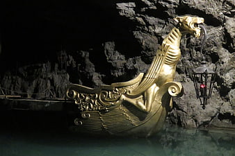 Golden Dragon Boat Sculpture in Underground Cave Lake