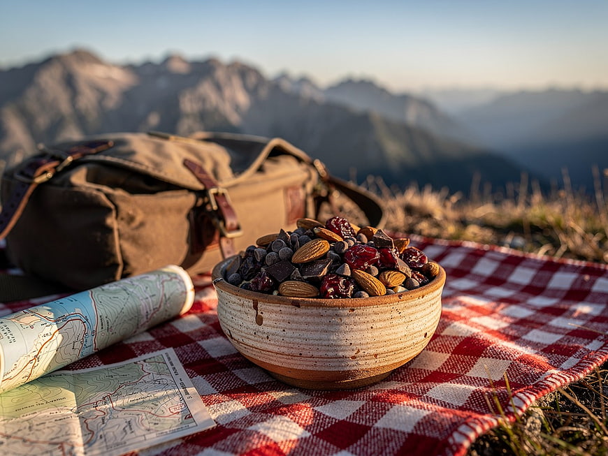 Trail Mix Snack Bowl on Picnic Blanket with Mountain View