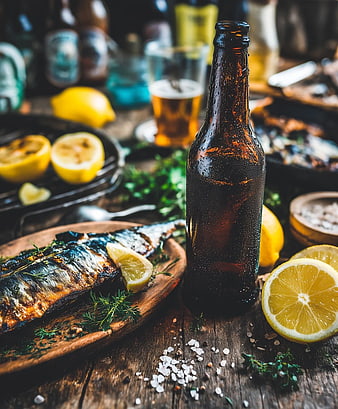 Grilled Fish with Lemon and Cold Beer on Rustic Table