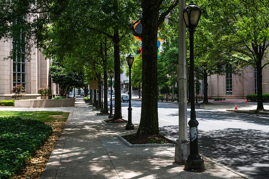 Shaded Urban Sidewalk with Trees and Street Lamps