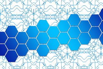 Blue Hexagon Honeycomb Pattern on Circuit Board Background