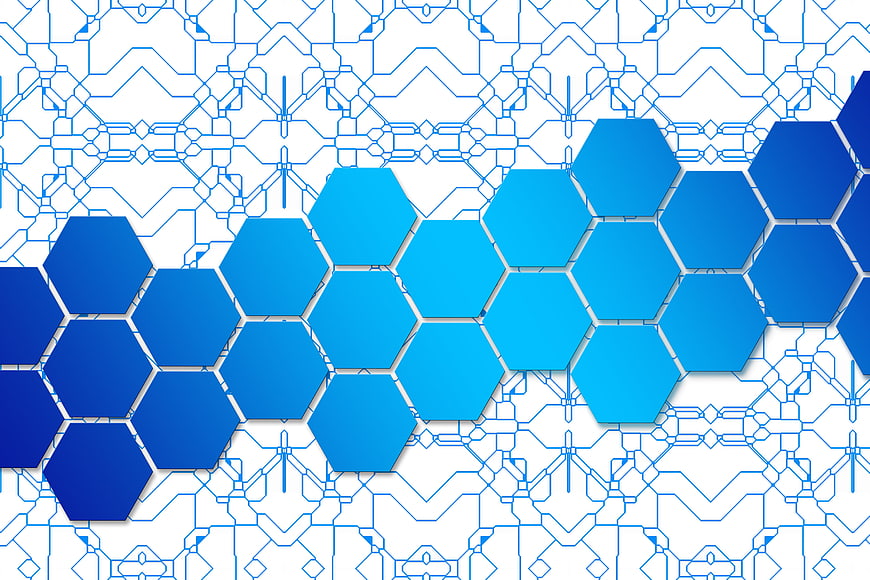 Blue Hexagon Honeycomb Pattern on Circuit Board Background