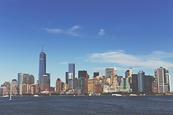 New York City Skyline with One World Trade Center and Waterfront