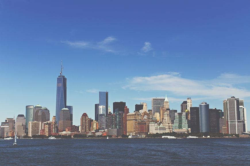 New York City Skyline with One World Trade Center and Waterfront
