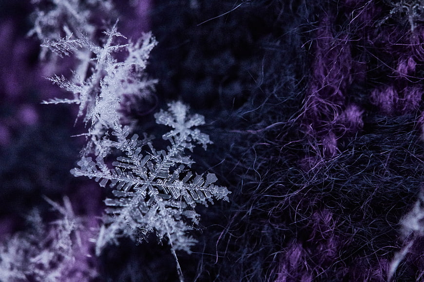 Macro Snowflake on Purple Felt Background