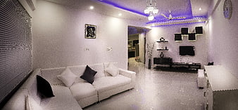 Modern White Living Room with Purple Accent Lighting