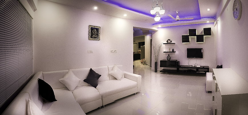 Modern White Living Room with Purple Accent Lighting