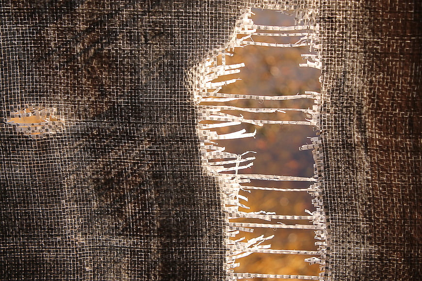 Close-up of torn mesh screen with frayed edges and blurred background