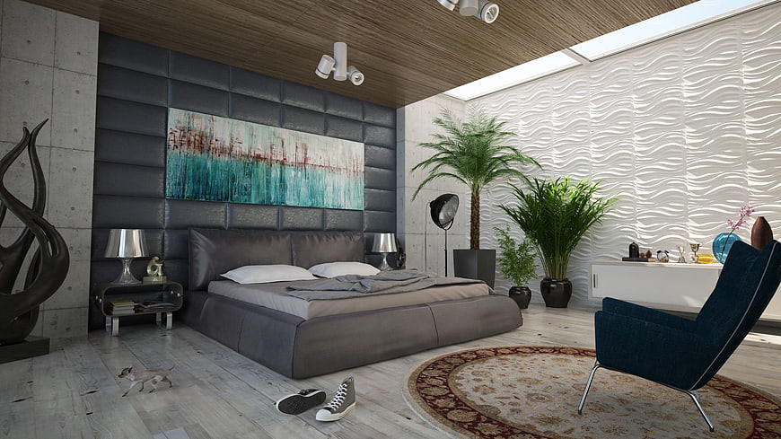 Modern Bedroom Interior with Gray Bed and Textured Walls