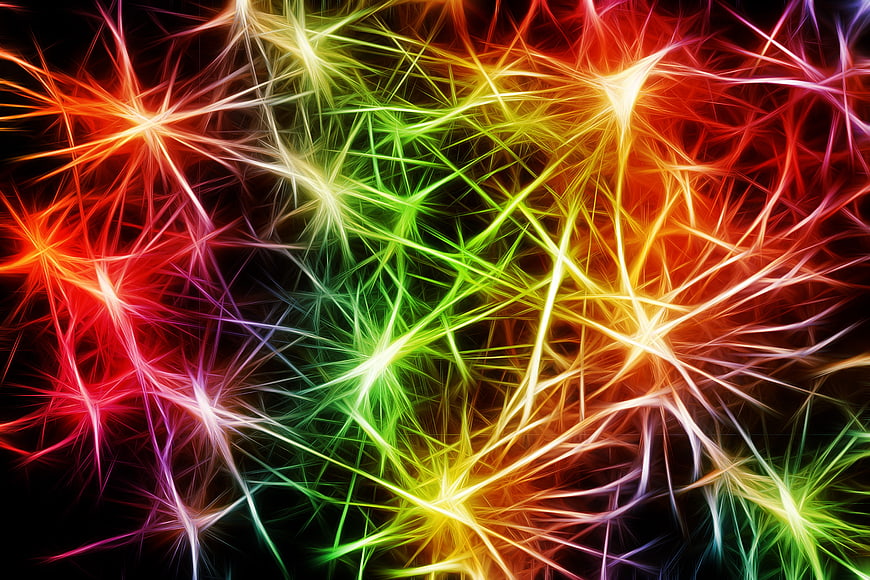 Abstract colorful neural network background with glowing neurons