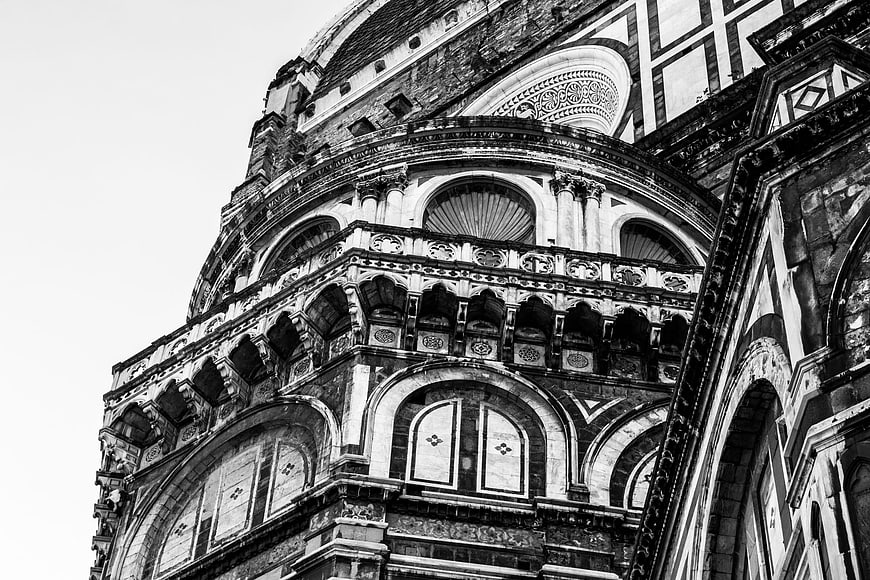 Black and white detail of Florence Cathedral dome architecture