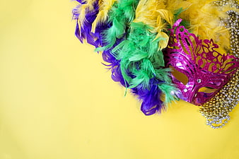 Mardi Gras Mask and Feathers on Yellow Background