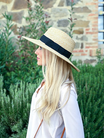Blonde Woman in Straw Hat Profile Portrait