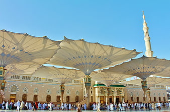 Grand Mosque Courtyard with Giant Umbrellas and Minaret