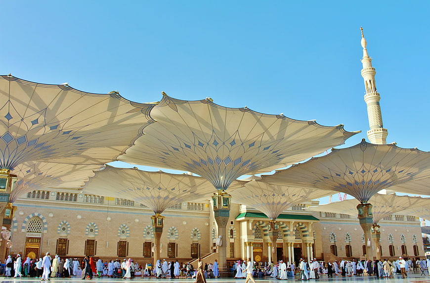 Grand Mosque Courtyard with Giant Umbrellas and Minaret