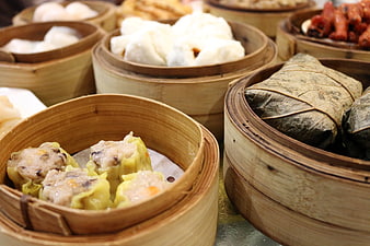 Assorted Chinese Dim Sum in Bamboo Steamers