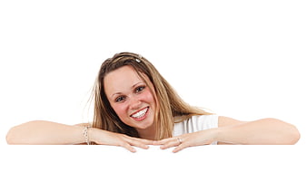 Happy Young Woman Smiling Over White Banner