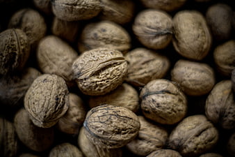 Close-up of whole walnuts with textured shells