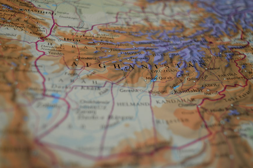 Close-up of Afghanistan on a physical relief map