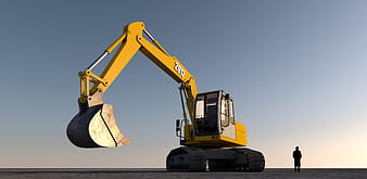 Yellow Excavator 3D Render With Silhouette Figure On Concrete