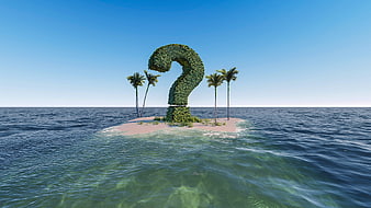 3D Render of a Giant Green Question Mark on a Tropical Island