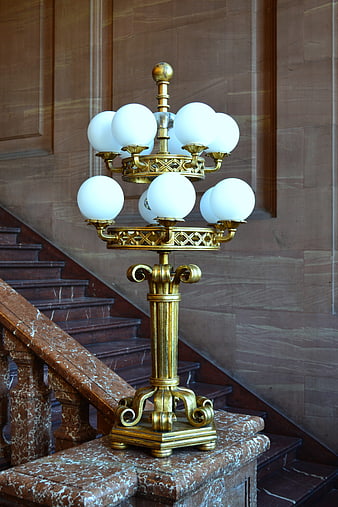 Antique Brass Candelabra Lamp on Marble Staircase