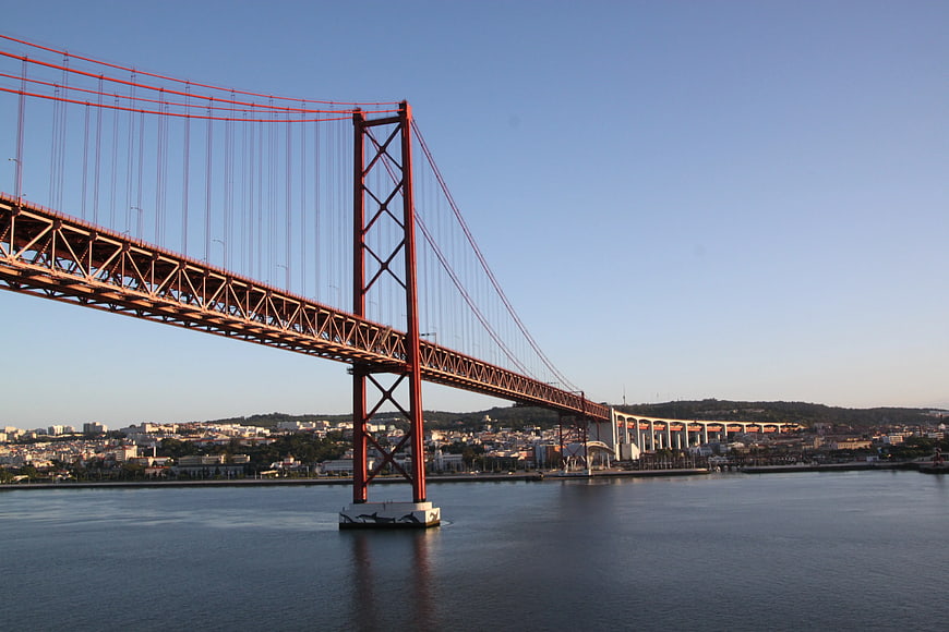 Red suspension bridge spanning a wide river with city skyline