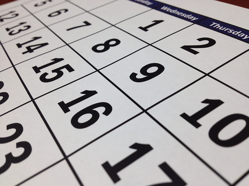 Close-up of a monthly calendar page with dates and days