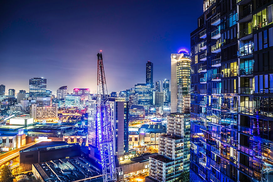 Vibrant Melbourne Southbank Cityscape at Night with Construction Crane