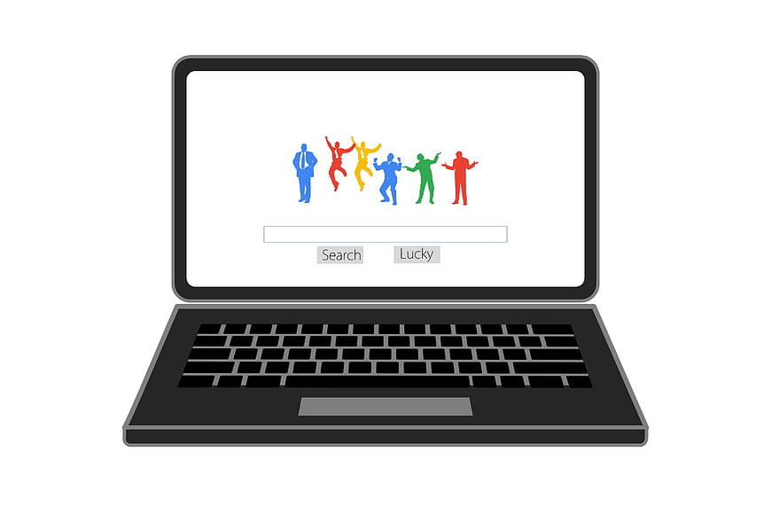 Laptop with colorful diverse team silhouettes on screen