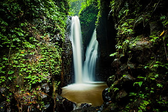 Tropical Waterfall Cascading Through Lush Jungle Gorge
