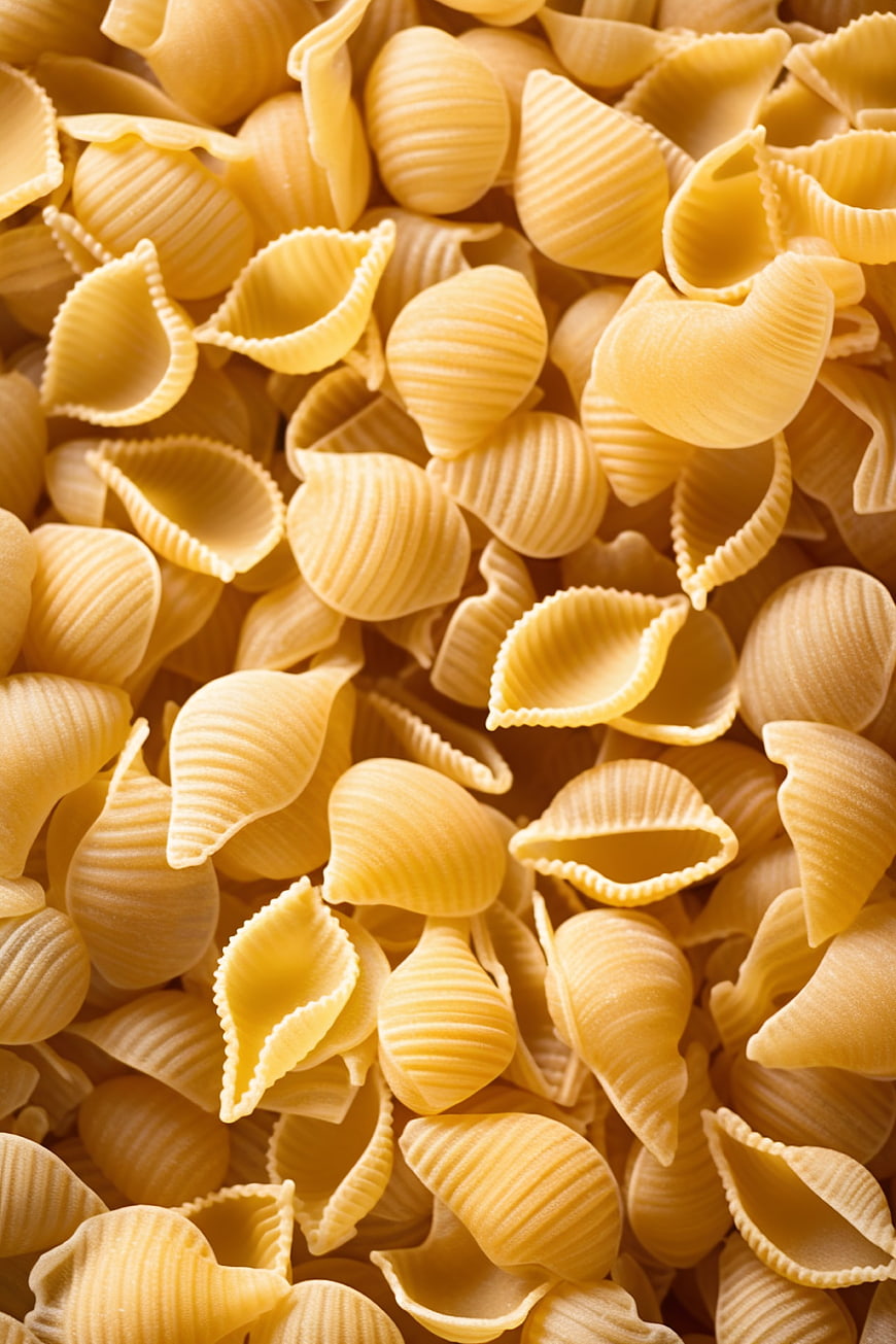 Close-up of uncooked conchiglie shell pasta texture