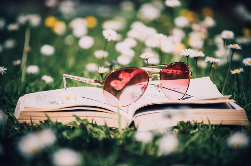Open Book and Sunglasses in a Field of Daisies