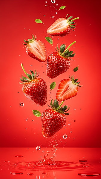 Fresh Strawberries Splashing in Water on Red Background