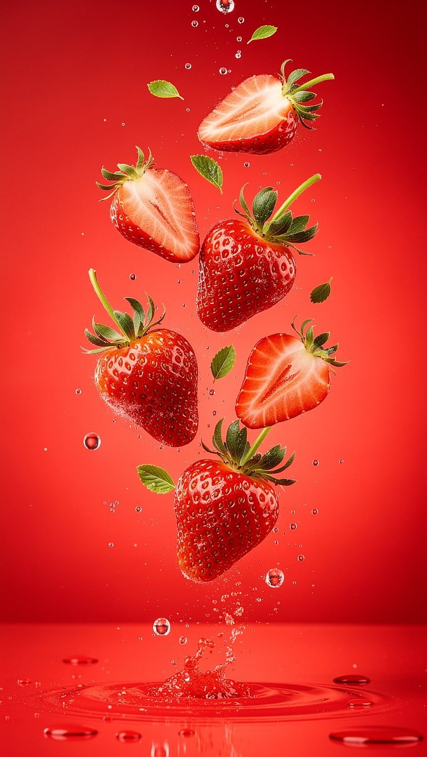 Fresh Strawberries Splashing in Water on Red Background
