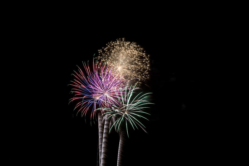 Colorful fireworks exploding against a black night sky