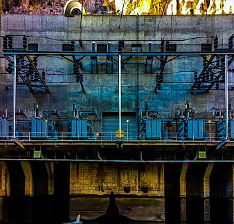 Industrial Dam Power Station with Transformers and Turbines
