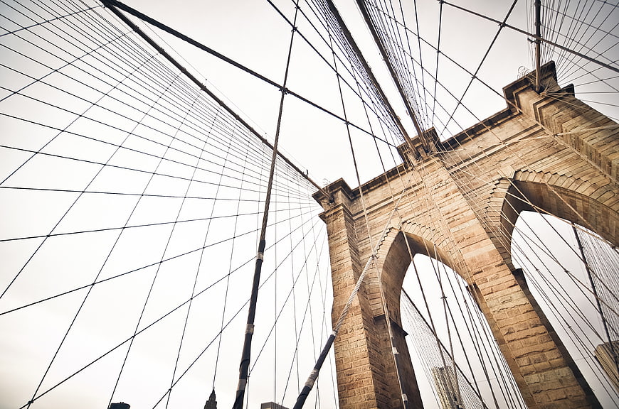 Low Angle View of Brooklyn Bridge Towers and Cables