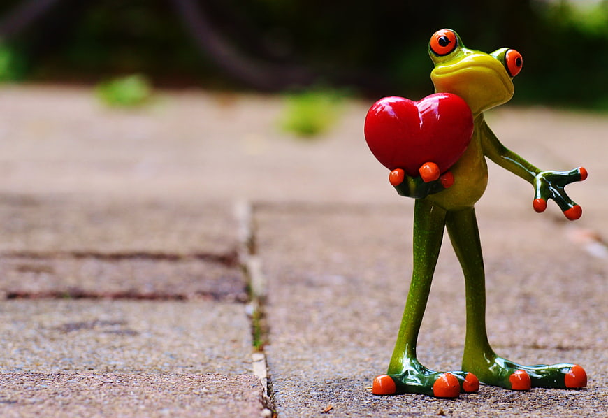 Cute Green Frog Figurine Holding Red Heart on Pavement