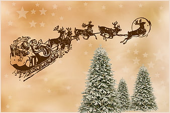 Vintage Santa Claus Sleigh and Reindeer with Christmas Trees