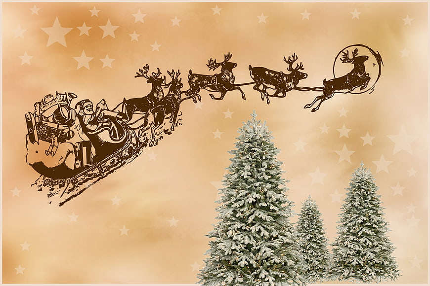 Vintage Santa Claus Sleigh and Reindeer with Christmas Trees