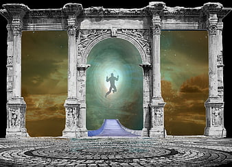 Silhouette of person running through mystical portal in ancient archway