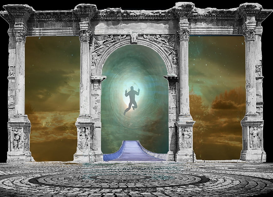 Silhouette of person running through mystical portal in ancient archway