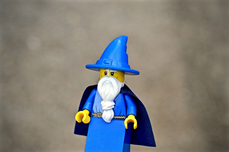 Blue Lego Wizard Minifigure with White Beard and Cape