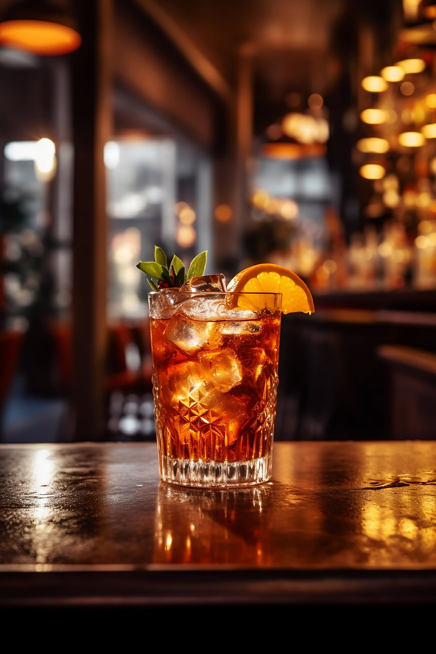 Iced cocktail with orange slice and mint garnish on bar counter