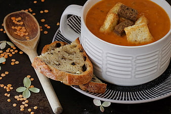 Rustic Lentil Soup with Crusty Bread and Croutons
