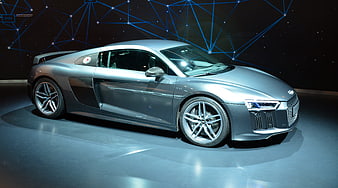 Silver Audi R8 V10 Plus Sports Car on Display